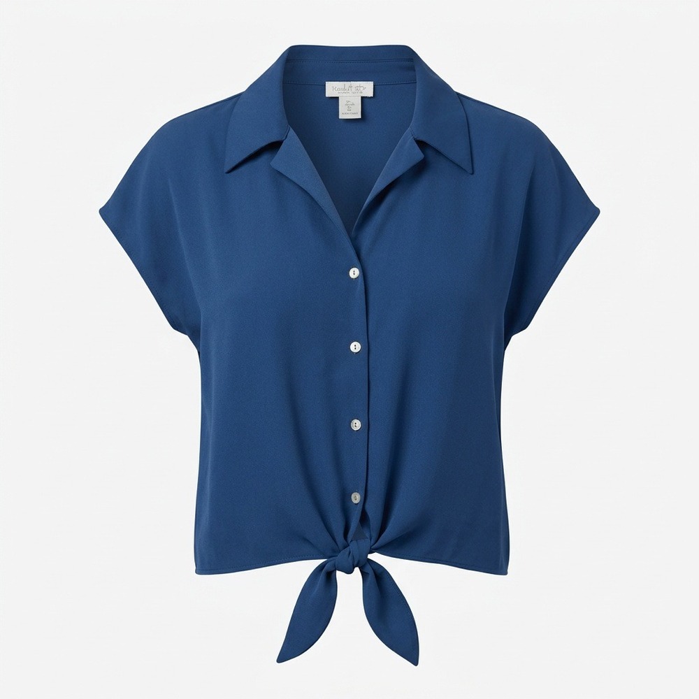 Rachel Zoe Navy Blue Tie Front Button Down Cap Sleeve Top Large